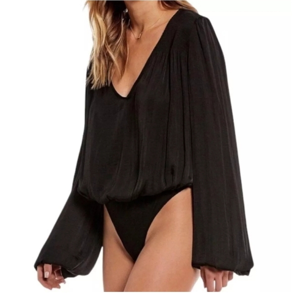 Free People Tops - Free People Smockin' and Rockin' Black Satin Balloon Sleeve V Neck Blouse Top